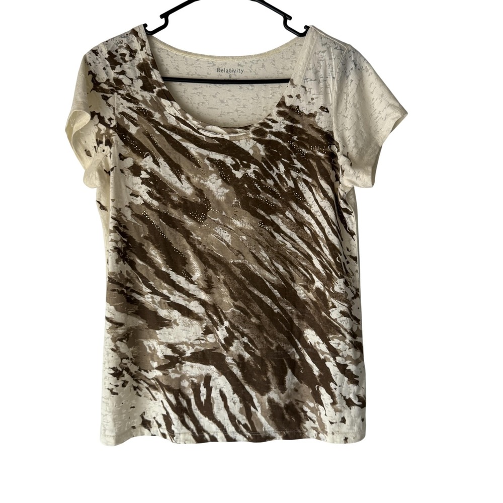 Relativity Shirt Y2k Small Brown‎ White Animal Print Short Sleeve Burnout Tee